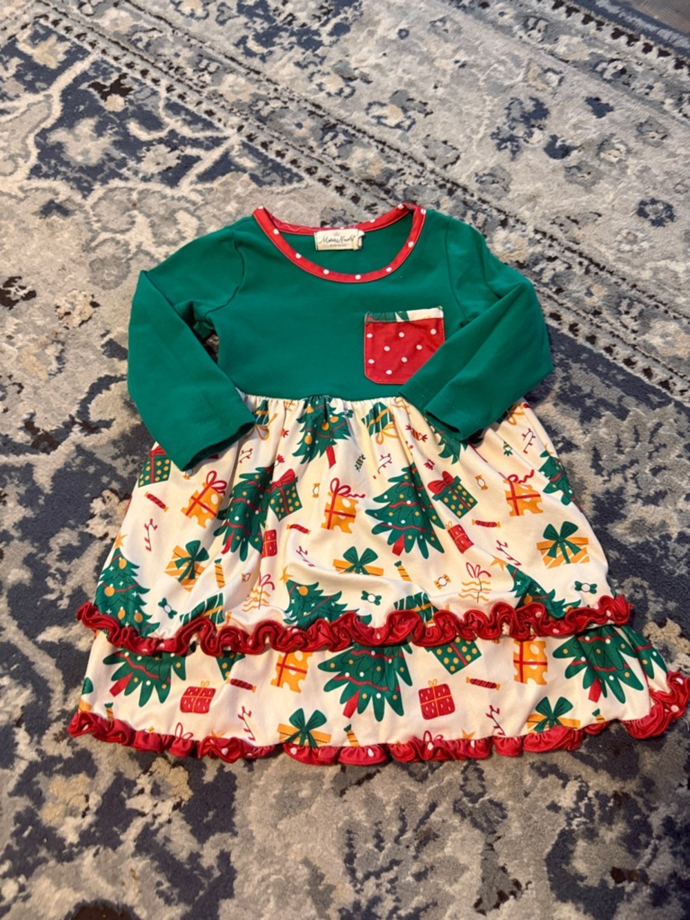 Girls Green and Cream Christmas Tree Ruffle Dress